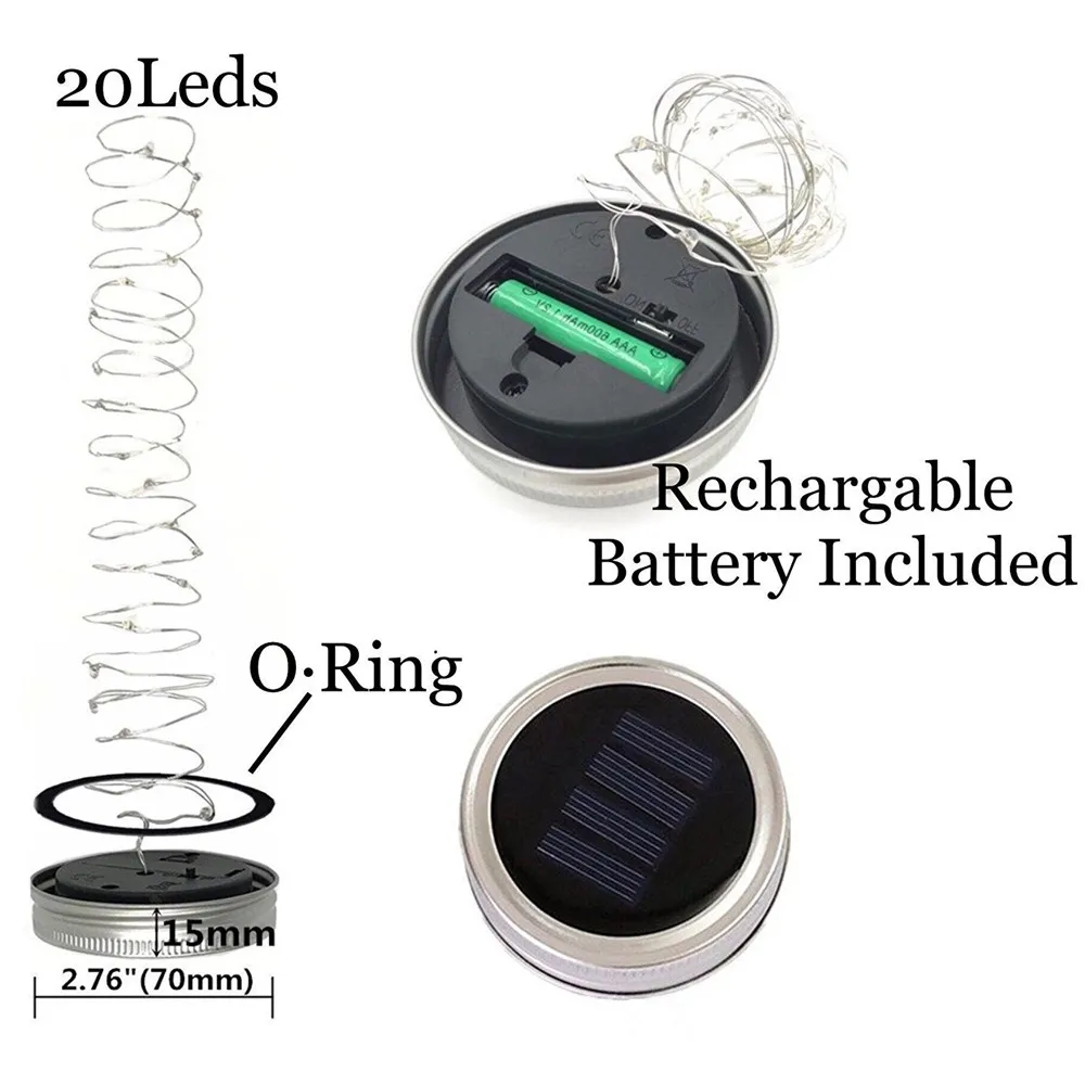 Energy Saving Rechargeable Solar Powered Lid Mason Glass Jar 2m 20LED Copper Wire String Light With Handle