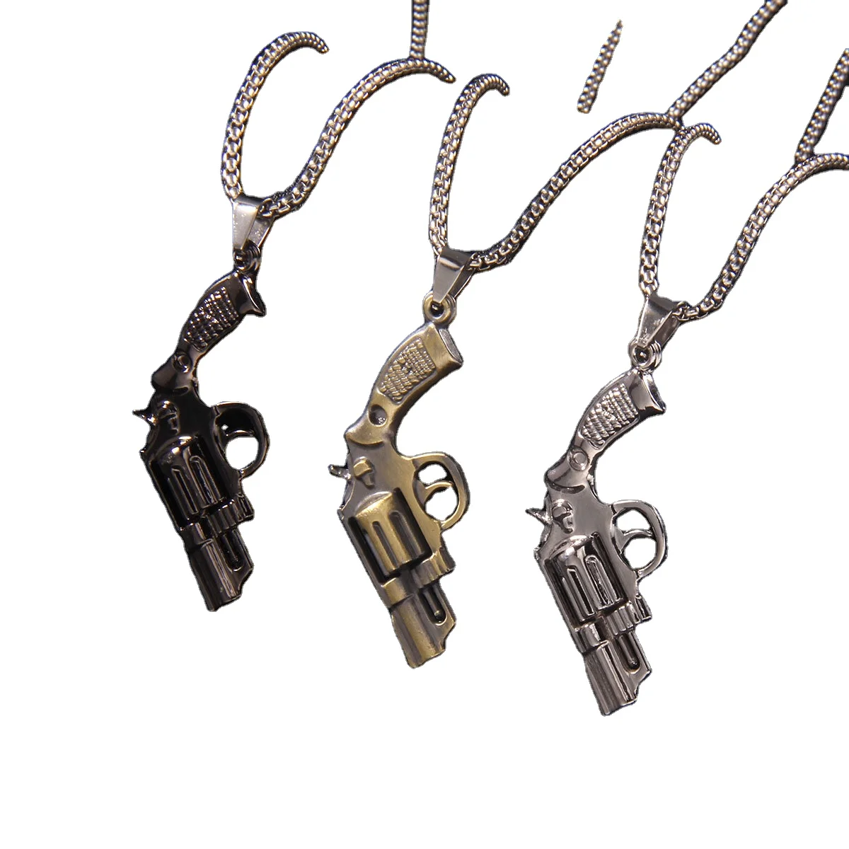 Hip Hop Revolver Pendant Necklace Stainless Steel Avant-garde Fashion Necklace Men Military Fan Hand Model Gun Necklace