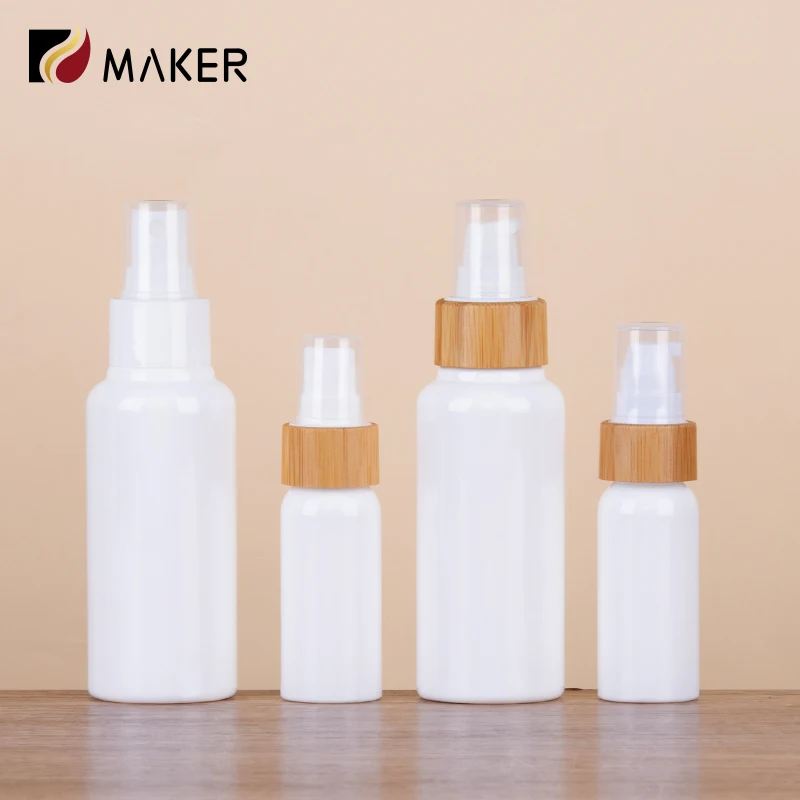 Bamboo Wood PET Plastic Pump Head Cosmetics Toner Emulsion Lotion Dispenser 50ml 60ml 100ml White Plastic Press Spray  Bottle
