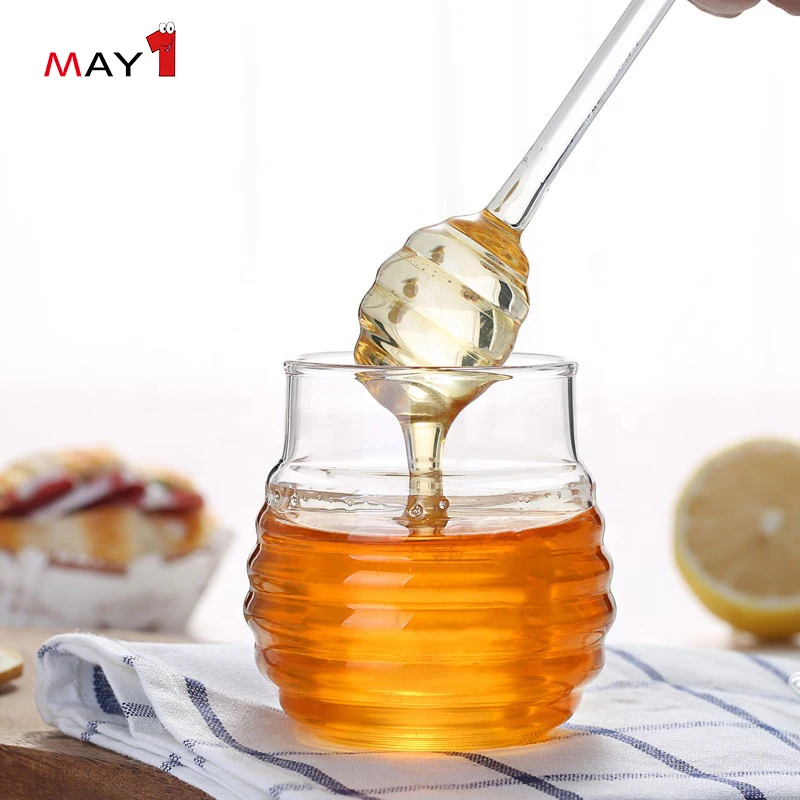 Food Grade Clear Round Shape Beehive Style Borosilicate Glass Honey Jar jam jar with Dipper with Lid