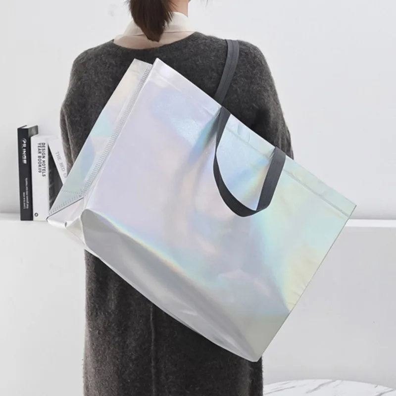 iridescent holographis gift bag glitter reusable non-woven silver metallic laser pp woven shopping bag sublimation tote bag with