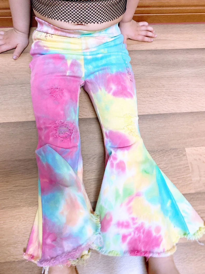 Boutique Girls Flare Pants Plus Size Bell Bottom Kids Tie Dye Jeans