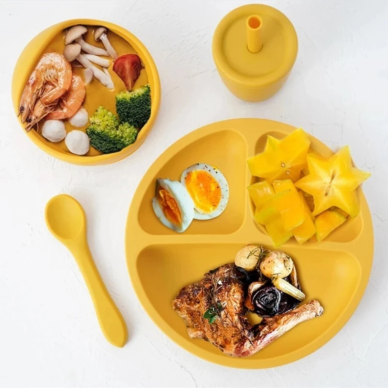 Custom Logo BPA Free Baby Food Set Kids Dinnerware Soft Feeding Set Silicone Plate Baby Feeding bowl Silicone Baby Products