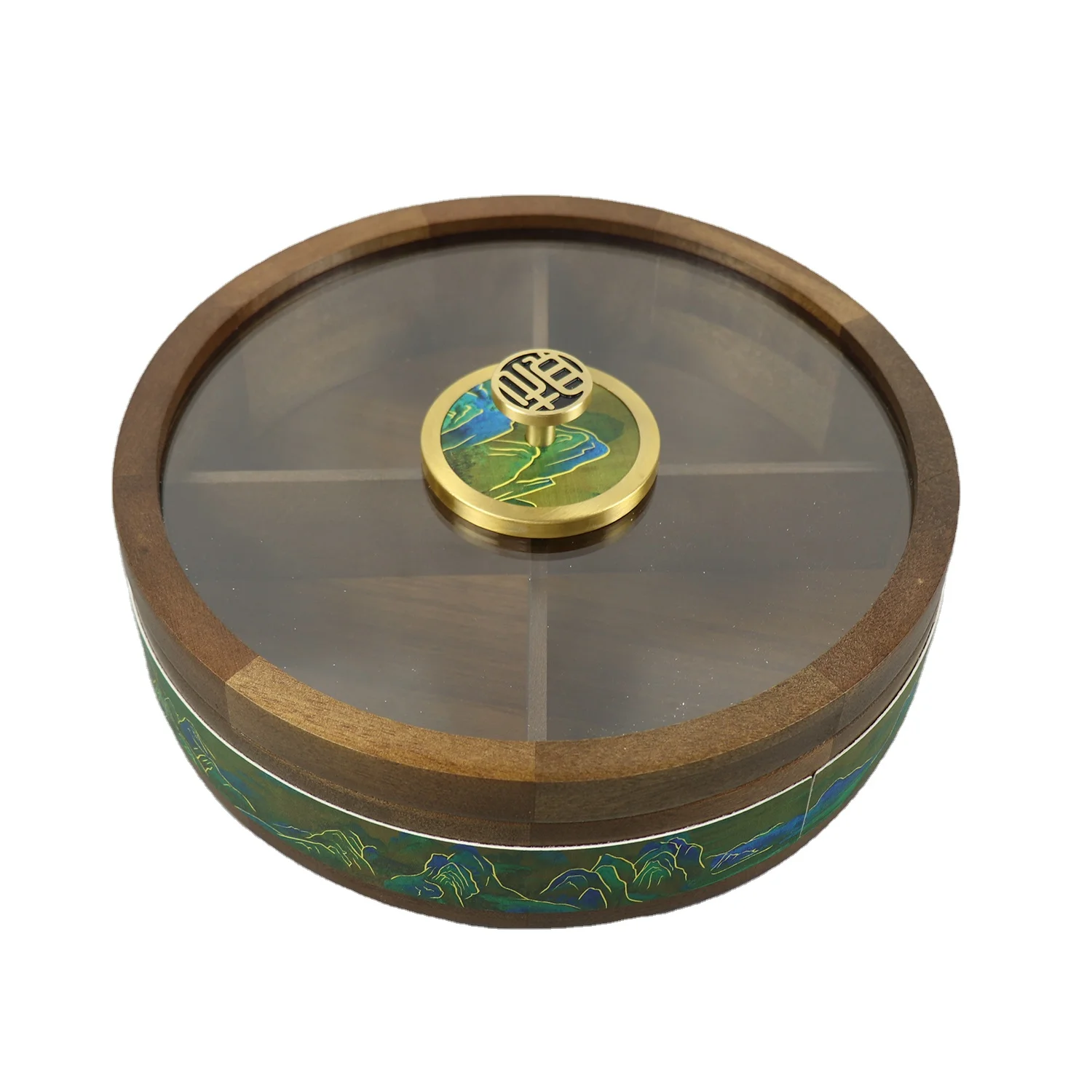 Chinese culture luxury wooden round food box rotating acacia wooden dry food round box with 4 separations