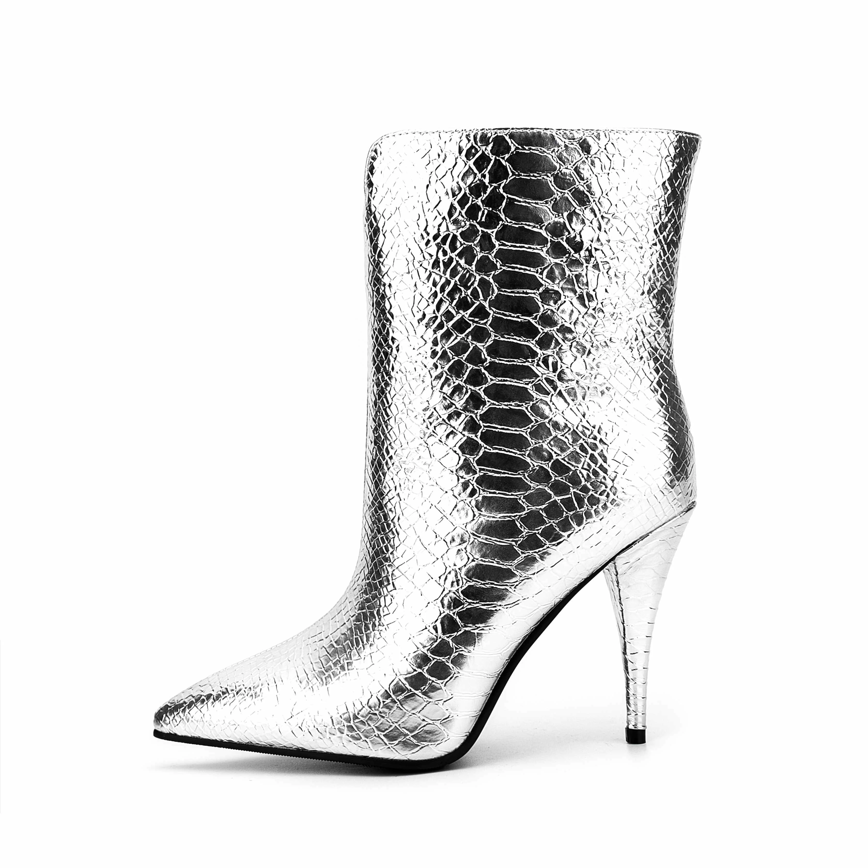 Newest Women Sexy Cone High Heels Winter Shoes Silver Snake Print Ladies Party Fashion Slip On Wide Ankle Boots