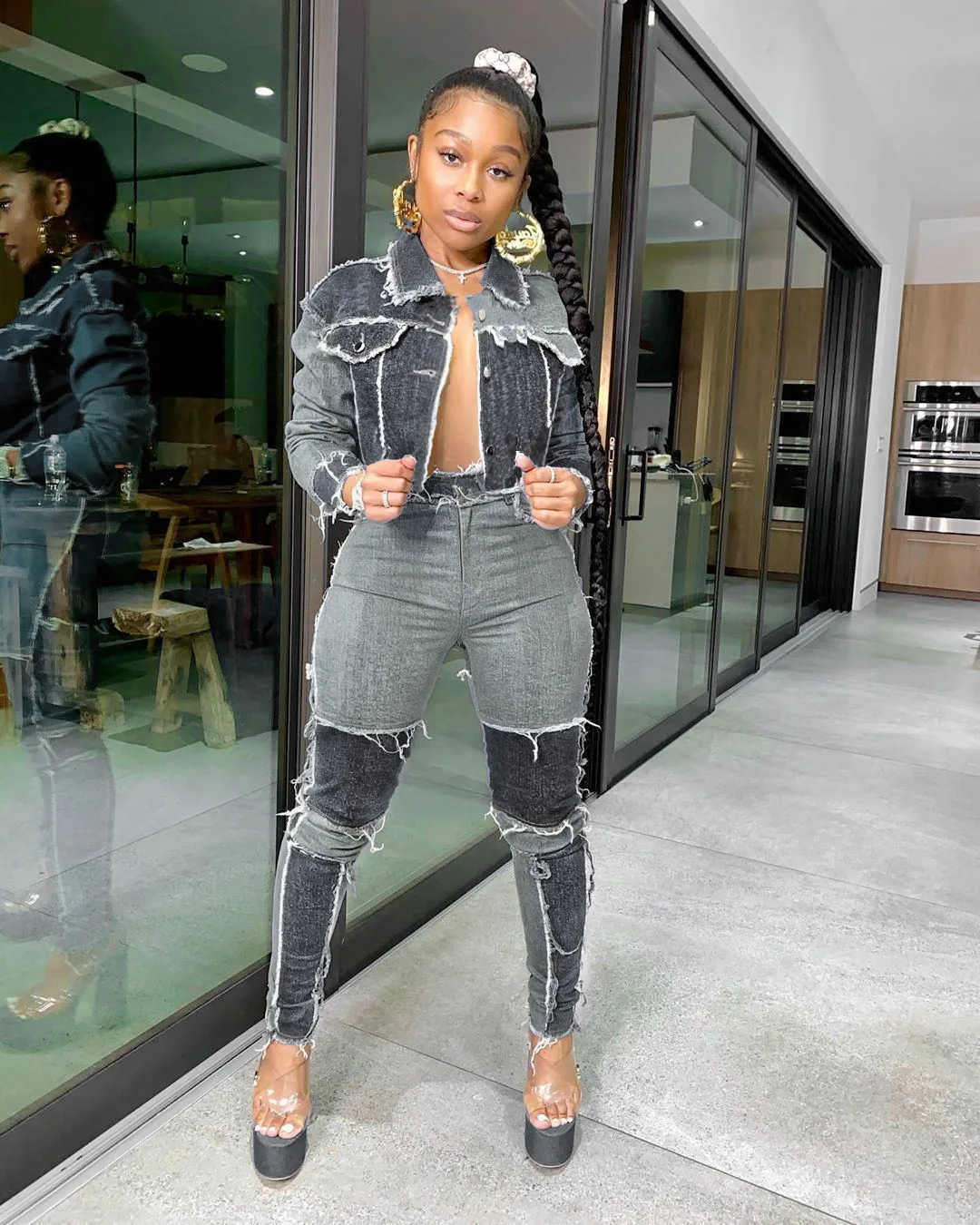 
Drop Shipping long pants Ladies two piece set denim suit jeans Patchwork cowboy women denim outfits Sexy Denim 2 Piece Sets 