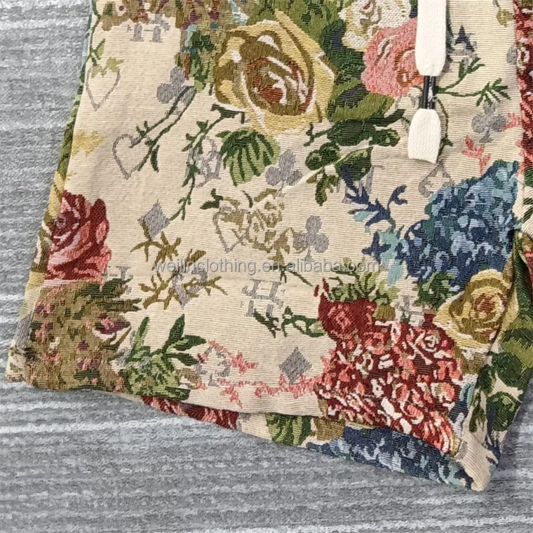 Custom hemp embroidery linen jacquard weave tapestry shorts for men