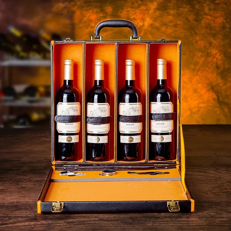 Personalized Luxury Leather Wine Gift Box 4 Bottles Wine Packaging Wood Box With Accessories For Wine Bottle