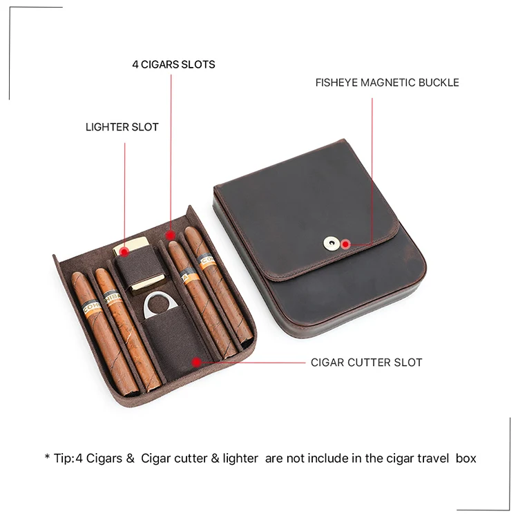 Genuine Leather 4 Slot Cigar Humidor Case with Cutter Lighter Slot Sliding Tray Design Travel Case Cigar Leather Box Holder