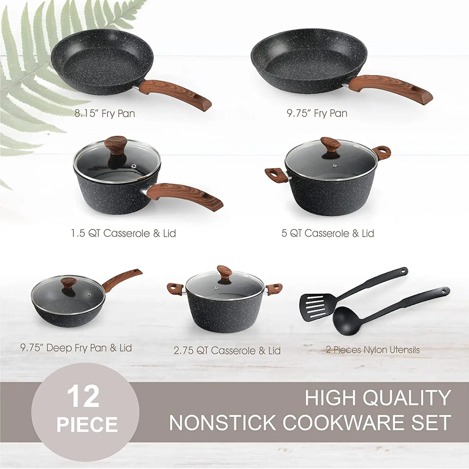 Kitchen Nonstick Cookware Sets Granite Coating Frying Pan Skillets Stock Pot, 12 Piece Induction Pan Sets