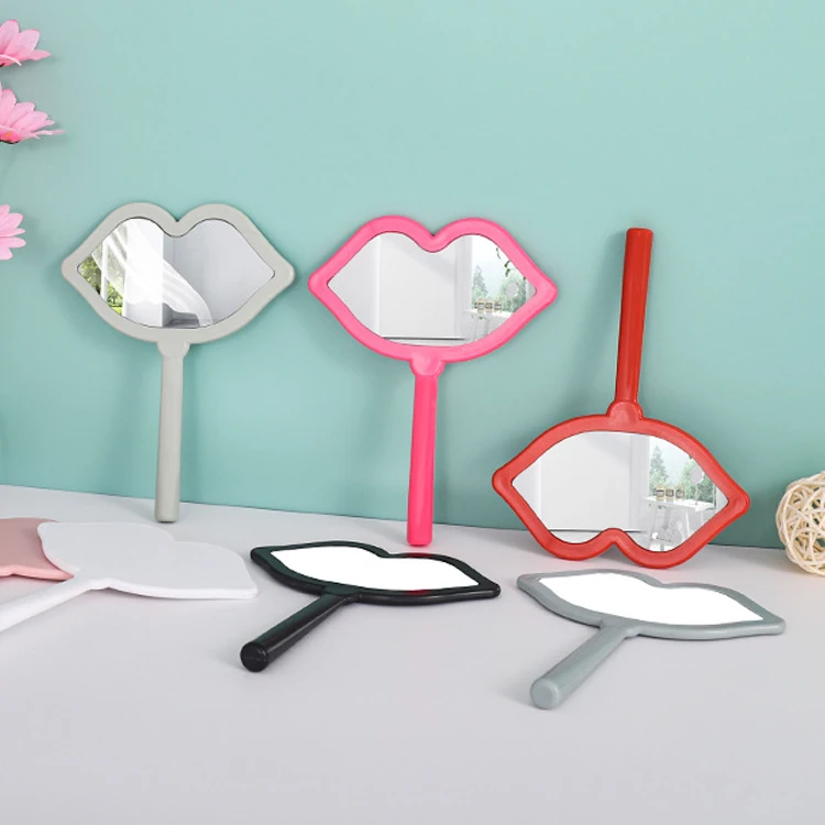 Custom Logo Salon Hairdresser Lips-Shaped Handheld Portable Cosmetic Vanity Makeup Hand Held Mirror With Handle