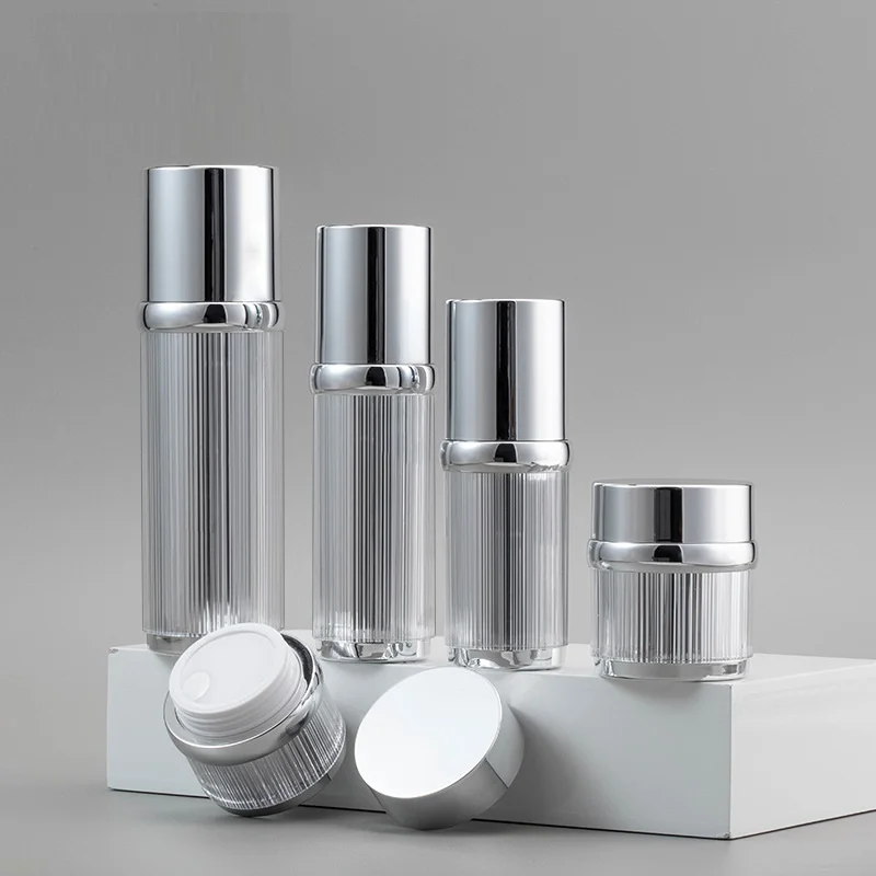 Cosmetic Packaging Luxury Acrylic Bottles Acrylic Silver Jar Skincare 30g 50g 30ml 50ml 100ml Brushed Acrylic Bottle