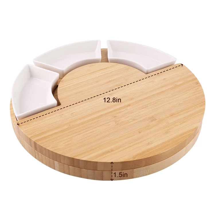 Rotatable Round bamboo Cheese Cutting Board set with knives Ceramic Plate