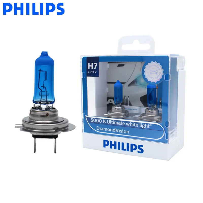 Philips Diamond Vision H7 12V 55W PX26d 12972DVS2 5000K Cool White Light Car Halogen Headlight Hi/lo Beam Auto Lamps (Twin Pack)