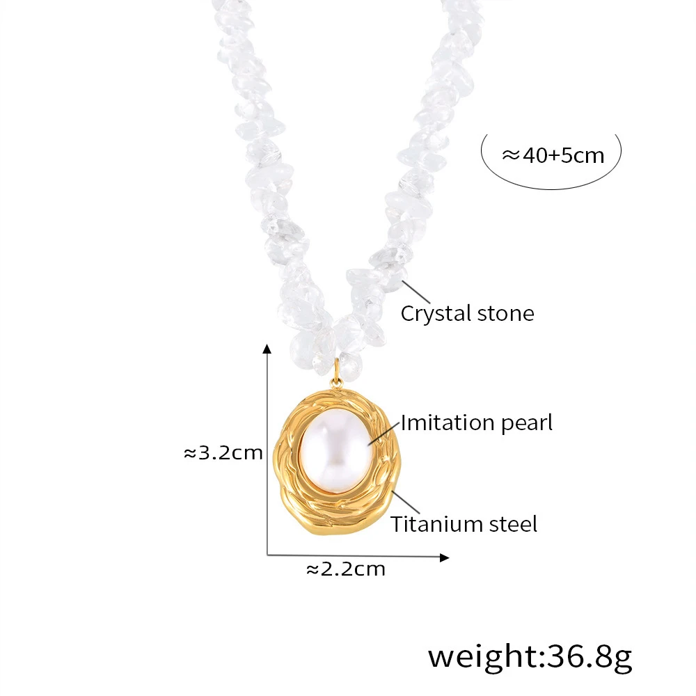 New French Fashion Ooval Titanium Steel Inlaid Pearl Pendant Gold-Plated Beaded Crystal Necklace