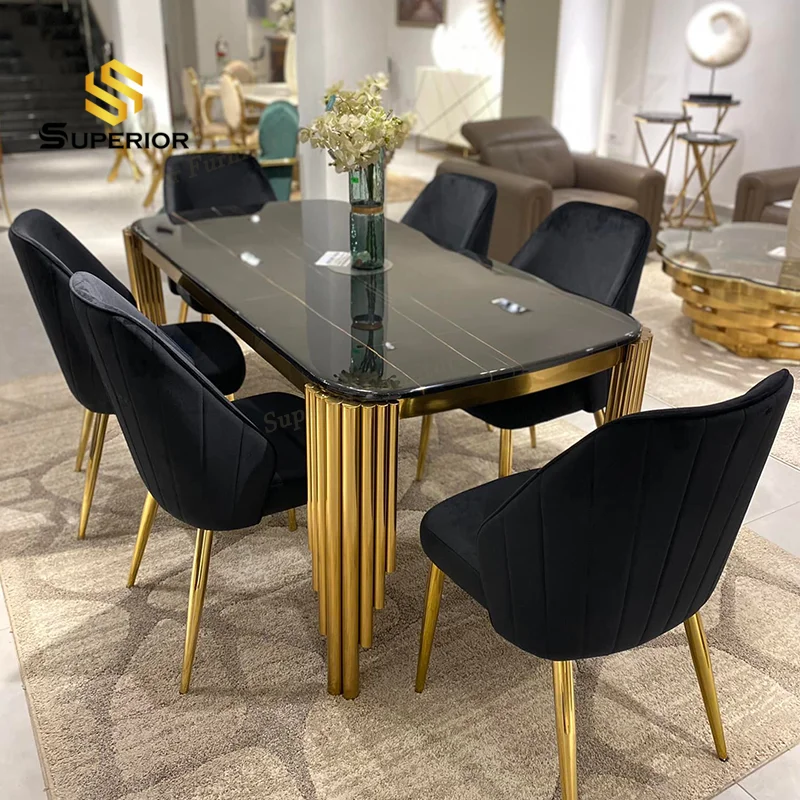 full dinning table set furniture with 6 chairs foshan modern marble luxury glass dining table