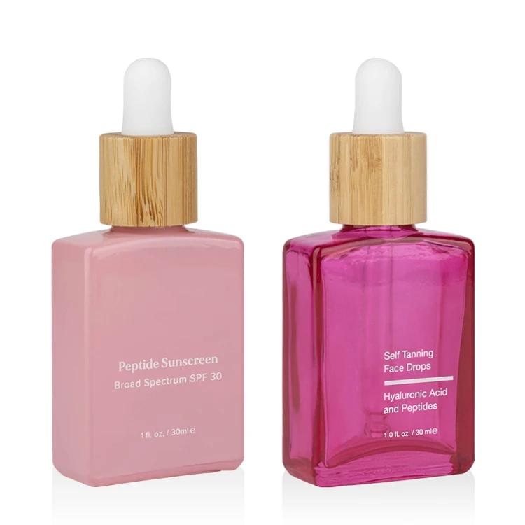 pink square glass bottle with bamboo dropper cosmetic bamboo dropper bottle for serum and essential oil natural bamboo material