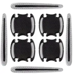 1Set 8 Pieces Carbon Fiber Car Door Handle Guard Anti Scratch Sticker Safety Warning Mark High Reflective Tape