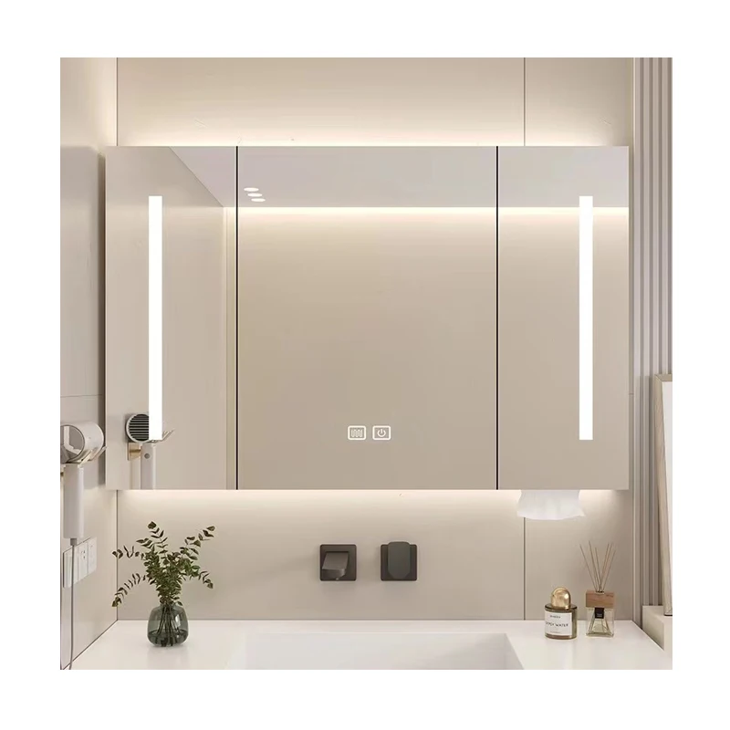 Smart stainless steel medicine cabinet wall mounted led light defog mirror cabinet for bathroom vanities for hotel