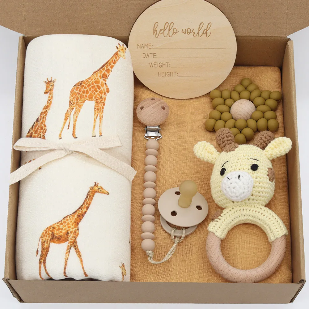 2023 New Baby Muslin Swaddle Blanket Set Bamboo Cotton 47*47 inches Floral Printed Newborn Wraps toys brush Set