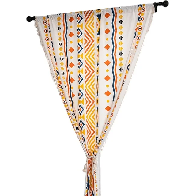 Kitchen curtains in cotton  linen print with beige fringe