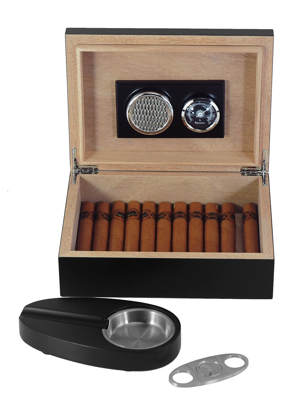 Sonny Wholesale Exquisite 12 To 20 CT Walnut Black Cigar Humidor Set With Cigar Ashtray Humidifier And Cutter