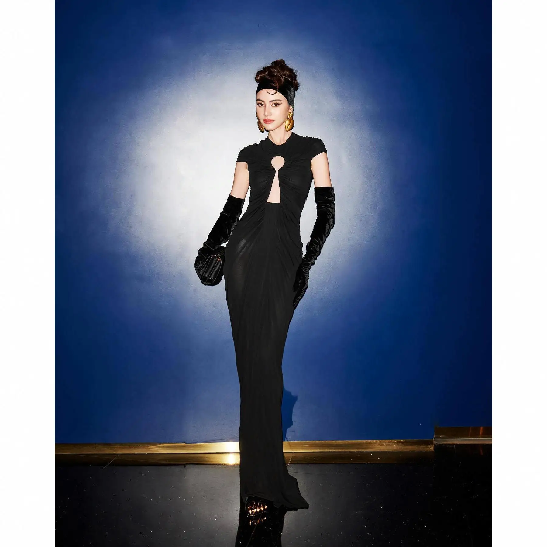 Made to order Wholesale Price Black Women Long Grown Dress Cutout Pleated Elegant Evening Party Dress