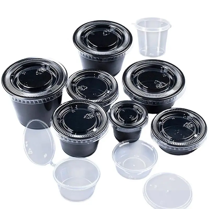 Customized Biodegradable PLA PP PET Disposable 1.5  2 3 4 Oz Sauce Packaging Container Black Transparent Cups