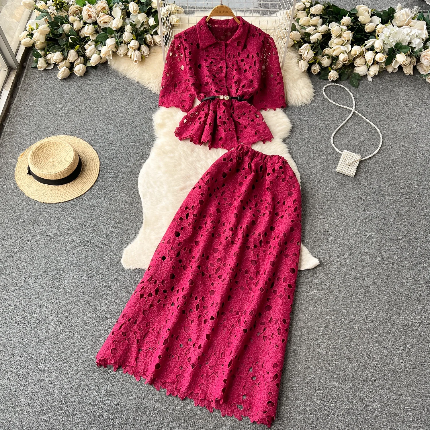 Summer Suit Female Ruffled Short Shirt Pleated Skirt Two-Piece Set