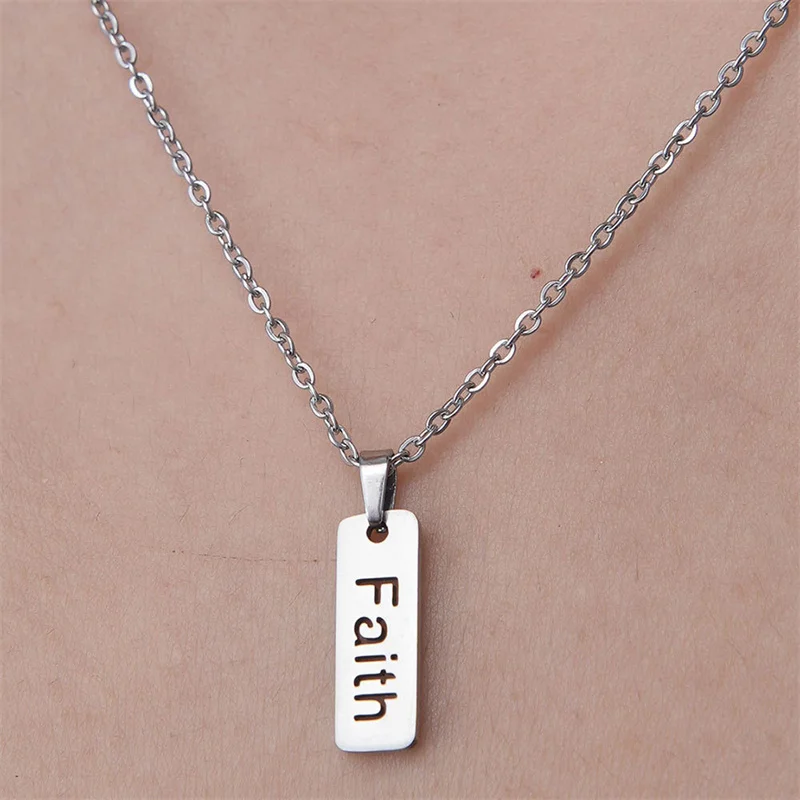 Stainless Steel Bar Pendant Engrave Lucky Happy Faith Necklace for Women Men Jewelry