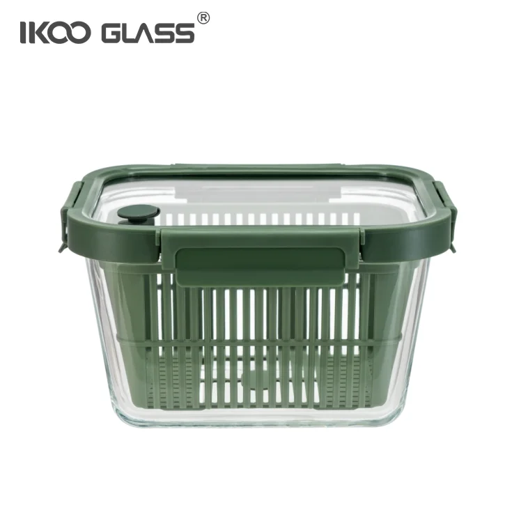 IKOO 3 sizes kitchen spaces colander glass refrigerator food containers glass food storage container with removable basket