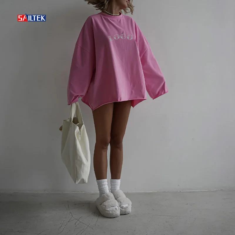 2024 New fashion design pink long sleeve shirts women custom comfy 100% cotton shirt oversized t-shirt for women