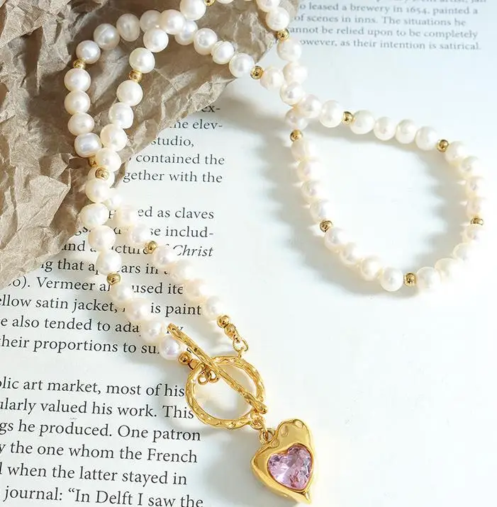 Aretas Romantic Jewelry Vintage Necklace Stainless Steel Freshwater Pearl Chain Emerald Pink Stone Heart Necklace Sets