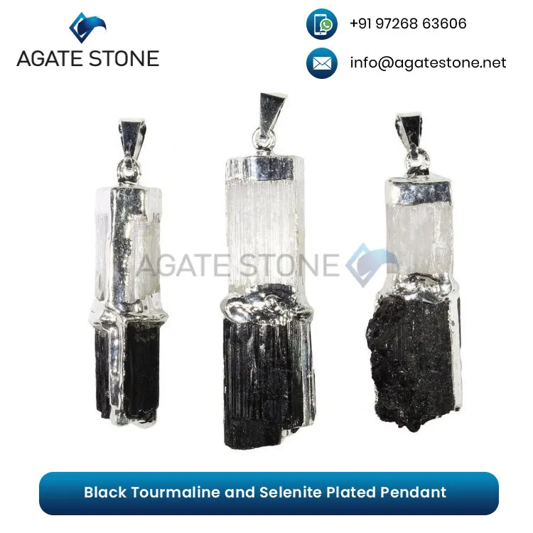 Selenite Plated Natural Crystal Black Tourmaline Stone Point Pendant at Good Price