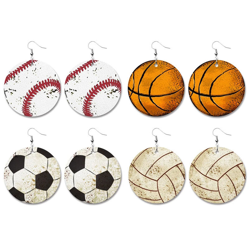 Sport Round Waterdrop Heart Basketball Soccer Football Baseball Softball Volleyball Pu Leather Earrings
