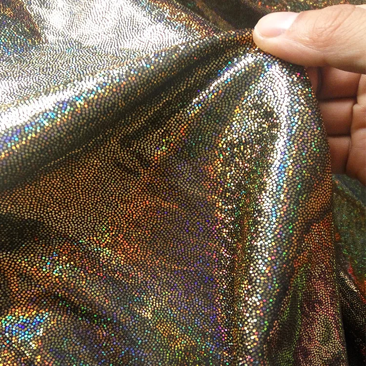 Wholesale Glitter Stretch Holographic Laser Crystal Iridescen Metallic Jersey Gold Dot Foil Coated Polyester Silk Fabric