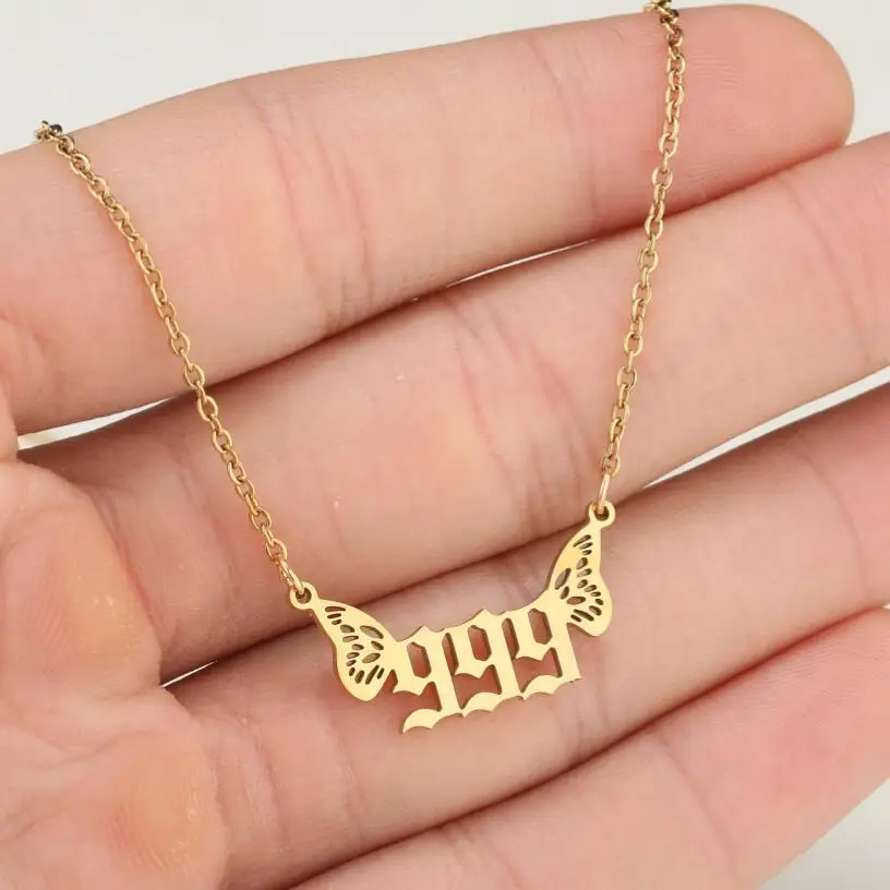 Wholesale Non Tarnish Silver 18k Gold Plated Stainless Steel Wing 000-999 Pendant Women Lucky Angel Number Necklace Jewelry