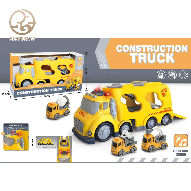 New Plastic Cartoon Fire Truck Toy Set with Light & Sound Diecast Train Toys for Kids Slide Friction Tractor-Trailer for Playing