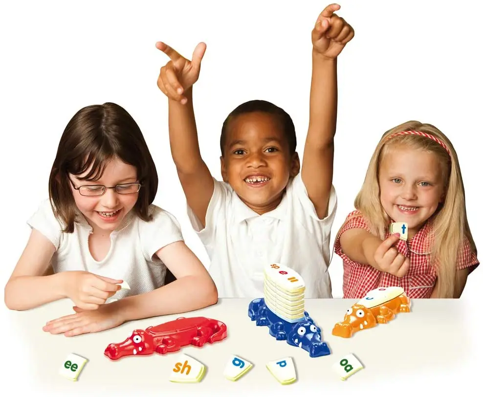 Alphabet spelling game alligator shape stacking game CVC words practice word building activity set