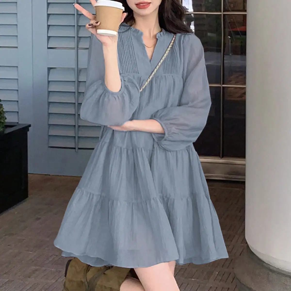 Women Cute Plain Sheer Double Layer Tiered Layer Dress Bubble Women Beautiful Transparent Organza Dress