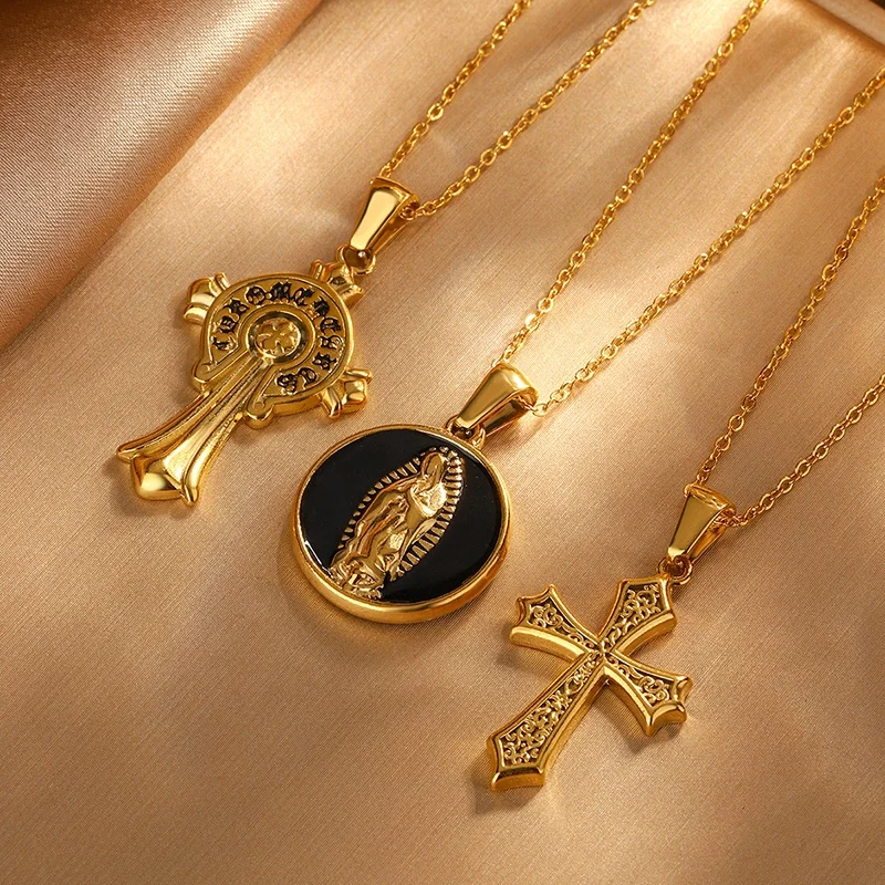 Personalized retro jewelry 18K gold non fading enamel color Virgin Mary prayer cross angel pendant necklace