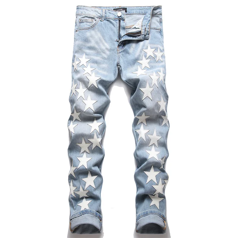 Design Streetwear Men Stars Patches Stretch Denim Jeans Tie Dye  Patchwork Pants Ripped Distressed Slim Straight Trousers