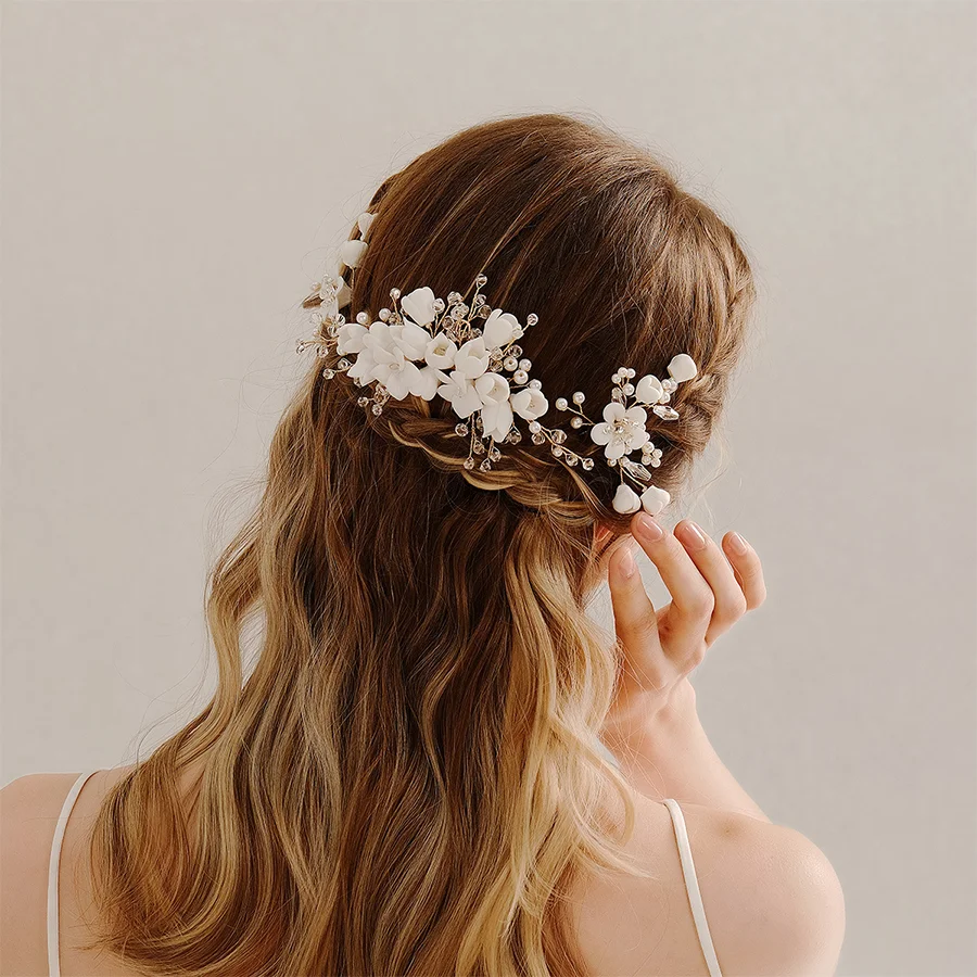Romantic wedding dress plate hair comb handmade soft pottery pearl hairpin bridal headdress hair accessories