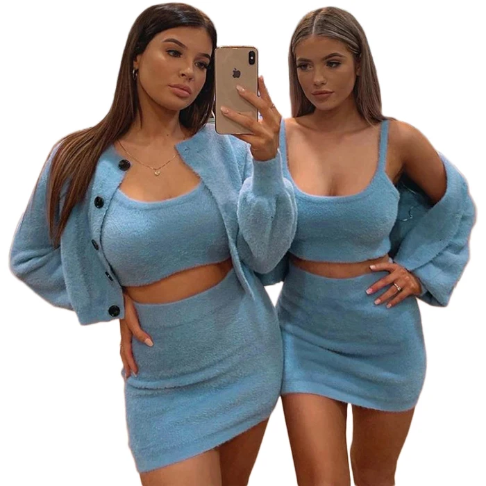 Новая модель, комплект из трех предметов, женская одежда, осень 2021, женское флисовое платье, бархатные укороченные топы, кардиган, пальто, мини-юбка, спортивный костюм
