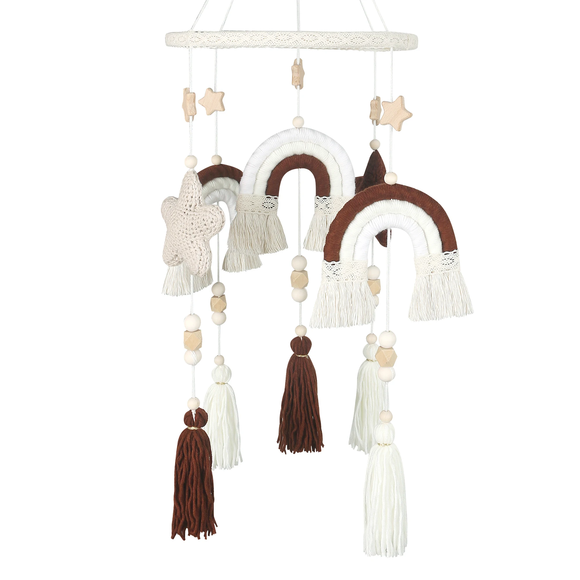 Fashionable Nordic Style Woven Rainbow Pendant Mobile Wooden Macrame Rainbow Baby Hanging Cot Crib Hanging For Baby Room Bed