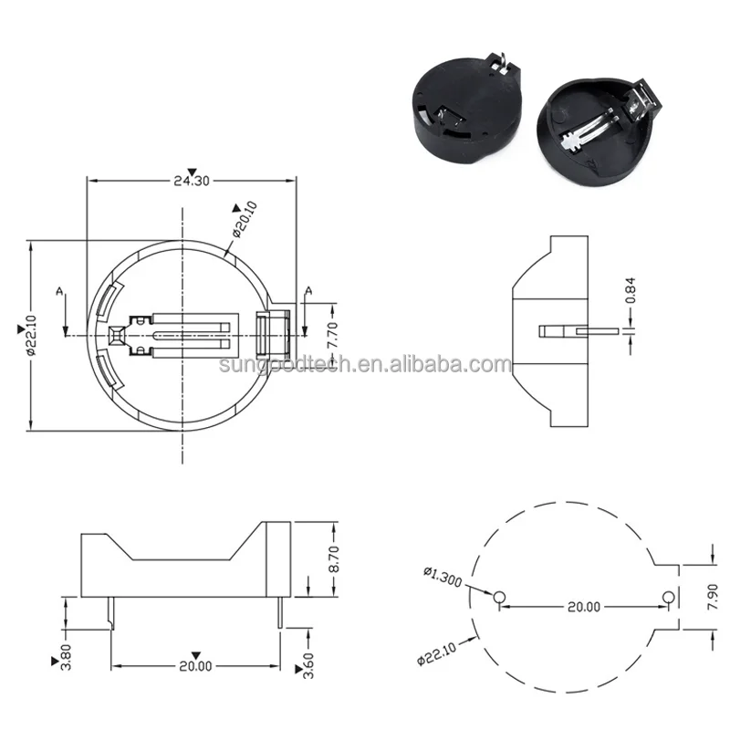 CR2032 Battery Holder PCB Mount Button Cell Battery Slot Plastic Case 3V