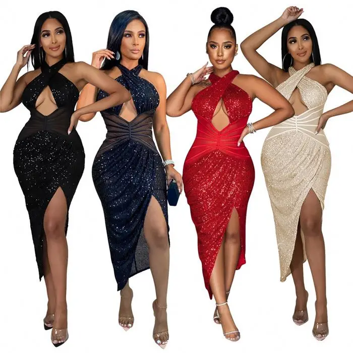 C9290-wholesale long sleeve halter sequin dress party evening dresses women elegant