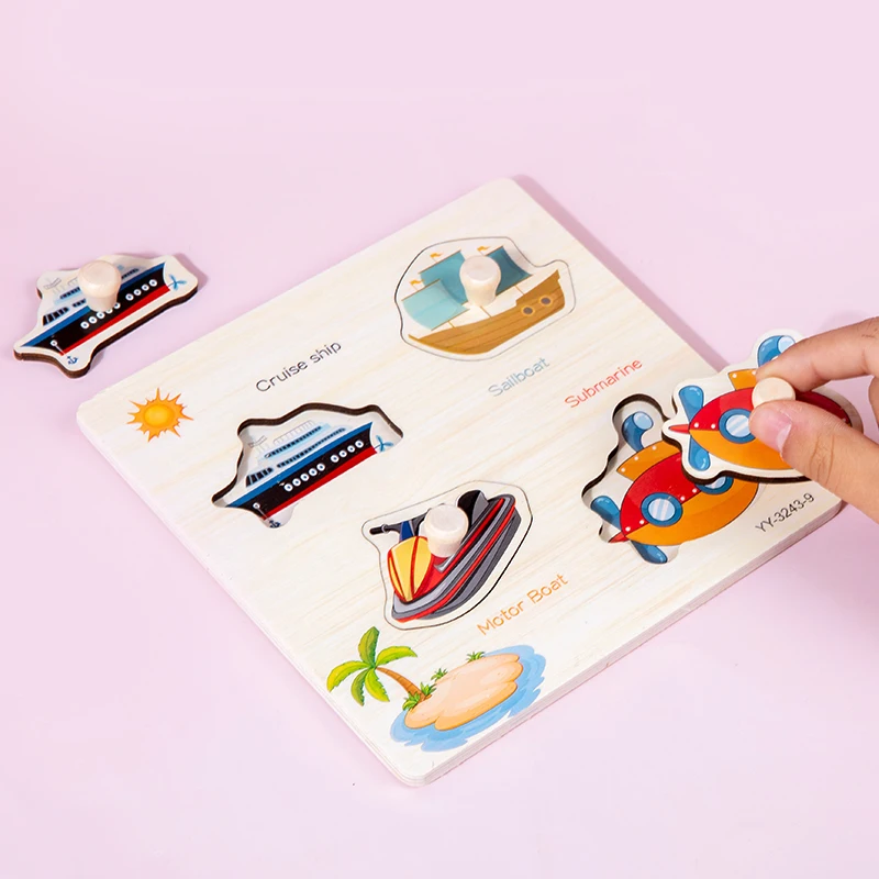 Wooden Mini Cartoon Animal Vehicle Pegged Puzzles Early Educational Learning Toys Baby Montessori Plywood For Kids Boys Girls