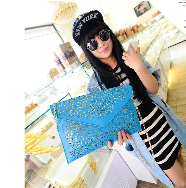 Latest Women Bag Neon Purse Cheap Wholesale Ladies Hollow Pu Leather Shoulder Evening Clutch bag  Envelope  Messager  tote