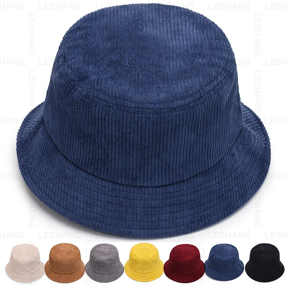 Solid Color Fashion Men Women Sun Protection Flat Top Wide Brim Fisherman Caps Custom Embroidery Logo Corduroy Bucket Hats